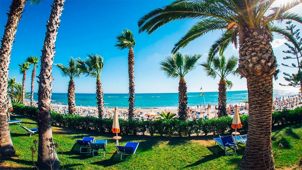 Spiaggia con palme, prato verde e lettini fronte mare